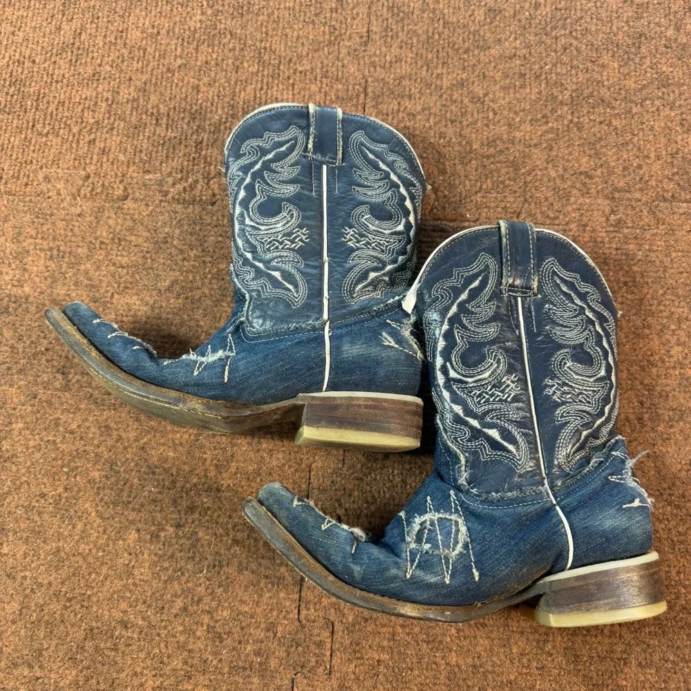 Old West Kids Distressed Blue Denim Cowboy Boots Pointed Toe Western Size 12 C+